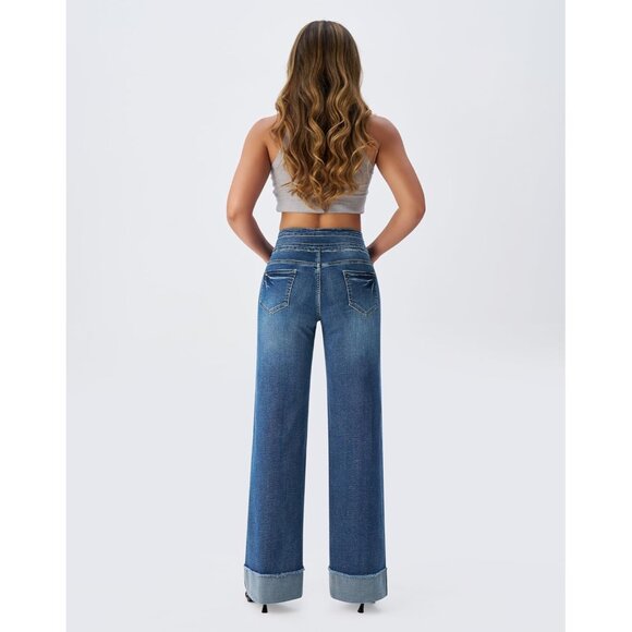 Women's High Waisted Stretch Wide Leg Denim Jeans Cuffed Baggy Pants - Picture 3 of 6